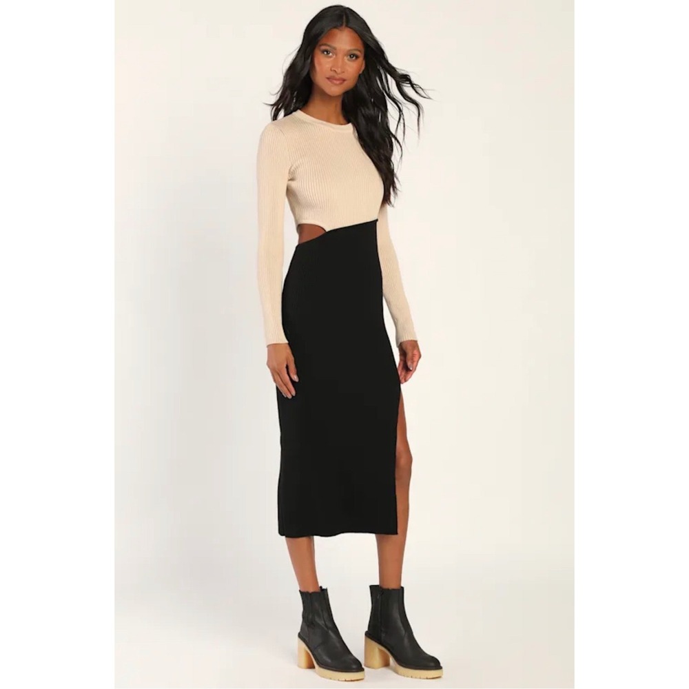 Lulus Beige Black Colorblock Ribbed Cutout Long Sleeve Midi Dress Small NWT